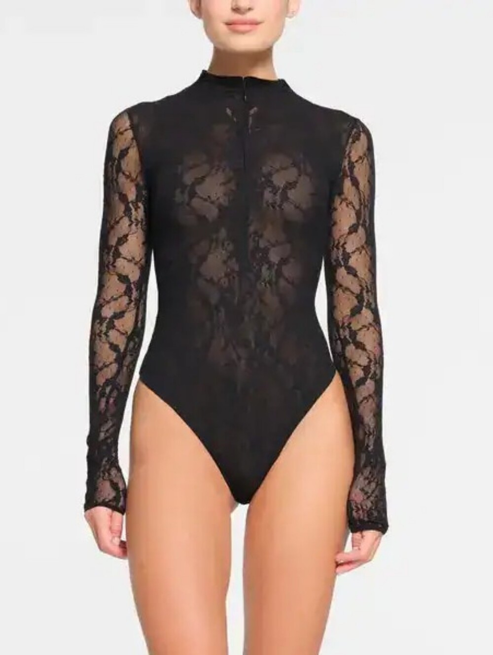 NWT $98 SKIMS Zip Front Stretch Lace Lined Long Sleeve Thong Bodysuit Medium - Picture 2 of 8